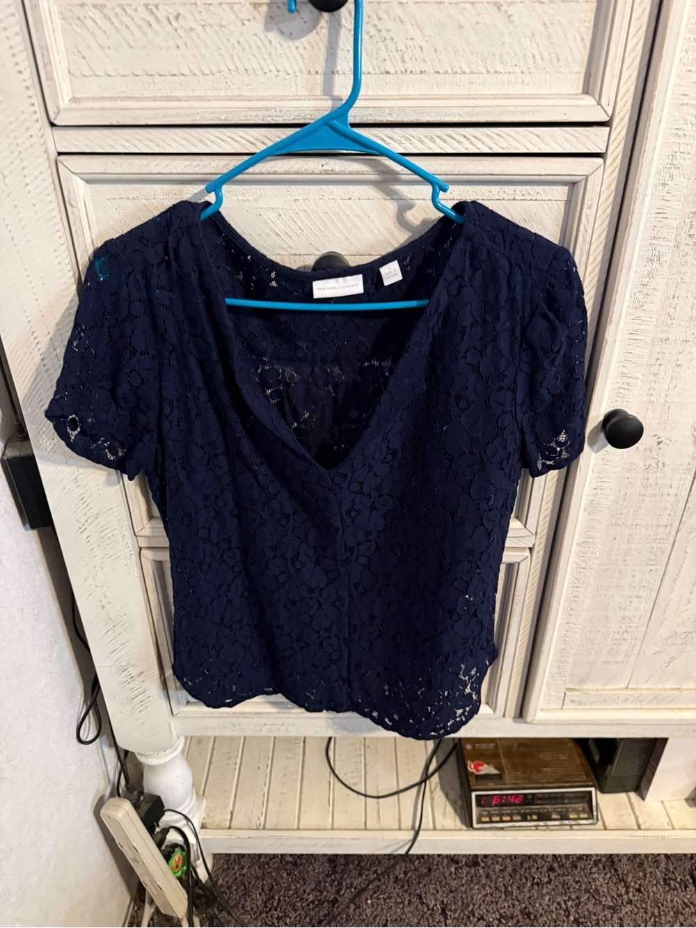 New York & Company Navy Floral Lace V-Neck Blouse